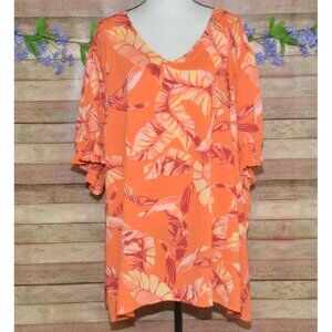 Belle By Kim Gravel Orange Tropical Leaf Print Tunic Blouse Size 5X Beach Cruise